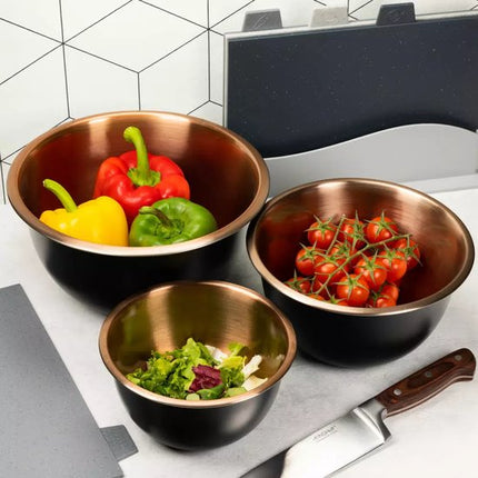 Klausberg KB7394 Roestvrijstalen Kommenset - 3-delige Set (1,6L, 3L & 5L) - Zwart Satin Met Koperen Binnenkant