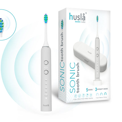 Husla Medic Cube Sonische Tandenborstel – 5 Poetsstanden – 3 Intensiteiten – Inclusief 3 Opzetborstels, Reisetui & Oplader