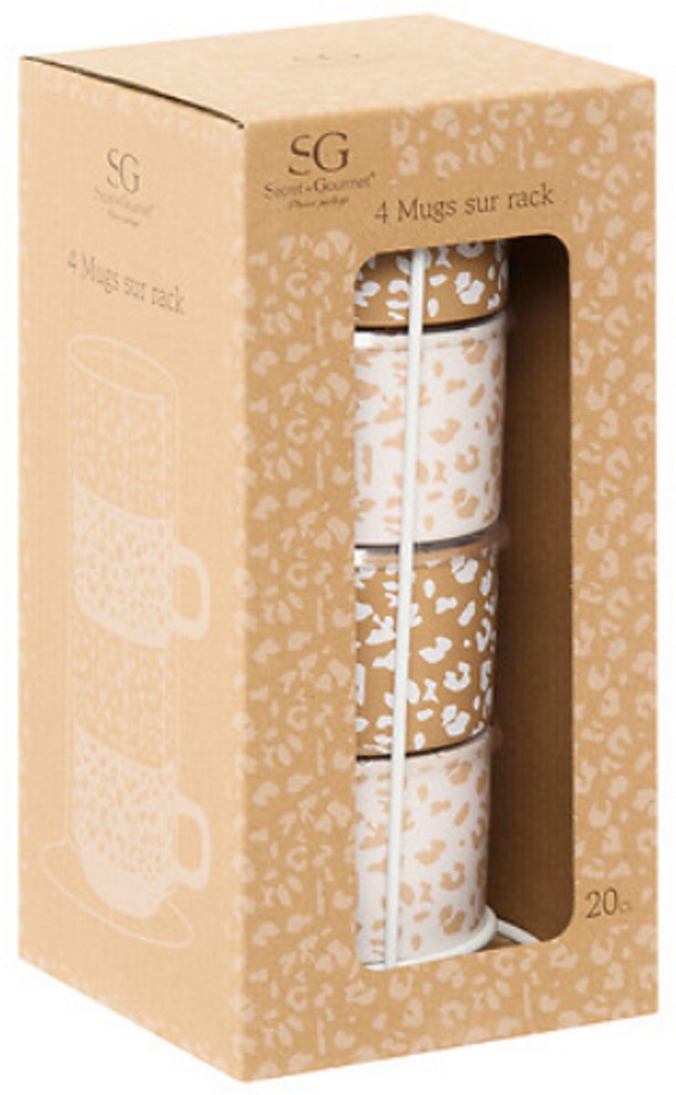 Leopardi mokkenset van 4 met luipaardenprint – 20 cl, caramelbruin en wit/beige