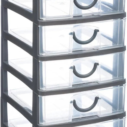5Five Ladeblokje/bureau organizer 5x lades - grijs/transparant - L12 x B15 x H25 cm - kunststof