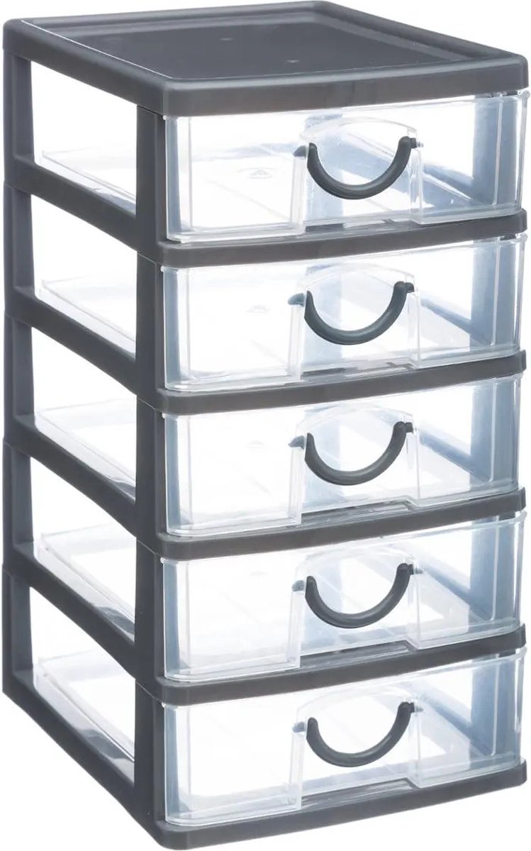 5Five Drawer Unit/Desk Organizer 5 Drawers - Grey/Transparent - L12 x W15 x H25 cm - Plastic