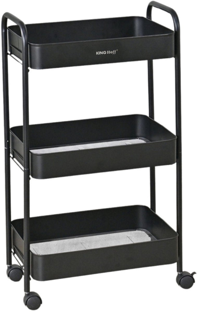 Kinghoff KH-1941 Mobiele 3-delige Stellingkar - Verrijdbare Opbergkar voor Keuken, Badkamer & Kantoor - Zwart - Keukenorganizer - Badkamerorganizer