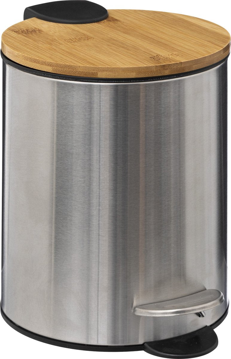 5Five Treteimer – Silber / Bambus – Metall – 3L – 23 cm – Soft-Close – für Badezimmer und Toilette