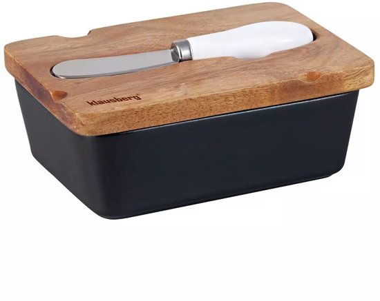 Klausberg Ceramic Butter Dish - Black with Acacia Wood Lid and Stainless Steel Butter Knife - Freshness Guarantee for Butter and Cheese