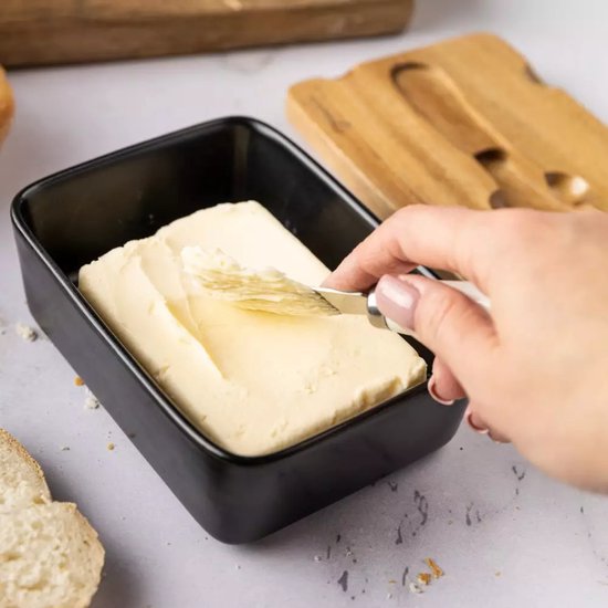 Klausberg Ceramic Butter Dish - Black with Acacia Wood Lid and Stainless Steel Butter Knife - Freshness Guarantee for Butter and Cheese