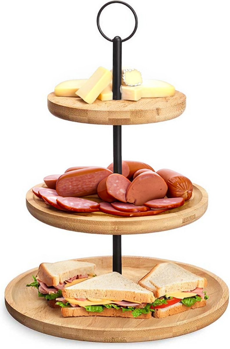 Kinvara Design Plateau de service 3 étages - D25 cm - bambou/métal - plateau à fromage - étagère - plateau tapas - plateau de service