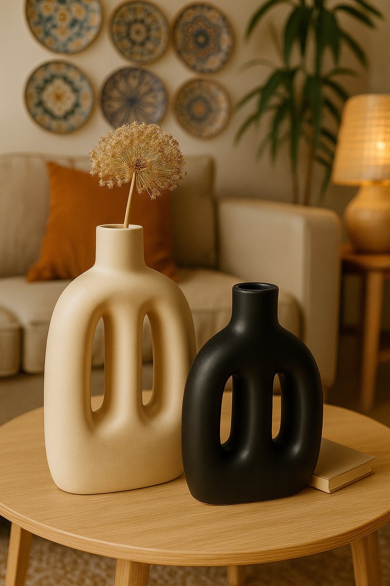 Atmosphera | Vase – Lot de 2 – Noir et Beige – Céramique – Design Moderne – 11x6x20 cm