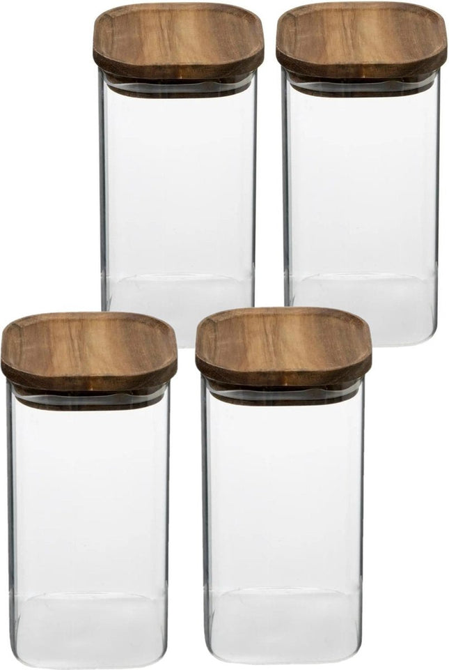 5Five Voorraadpot voedsel - 4x - glas met acacia houten deksel - 1600 ml - met luchtdichte deksel