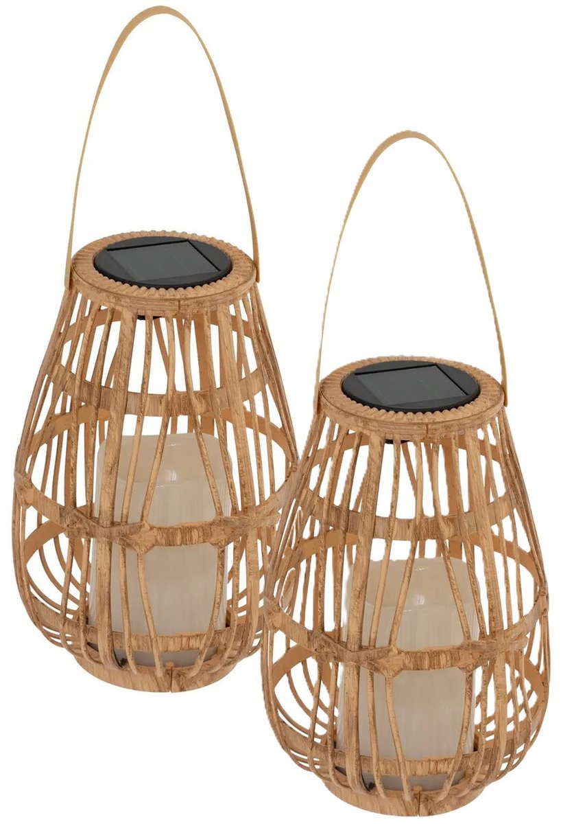 Atmosphera Lanterne solaire de jardin - 2x - naturel - rotin synthétique - 16 x 23 cm - extérieur - Lumière LED bougie