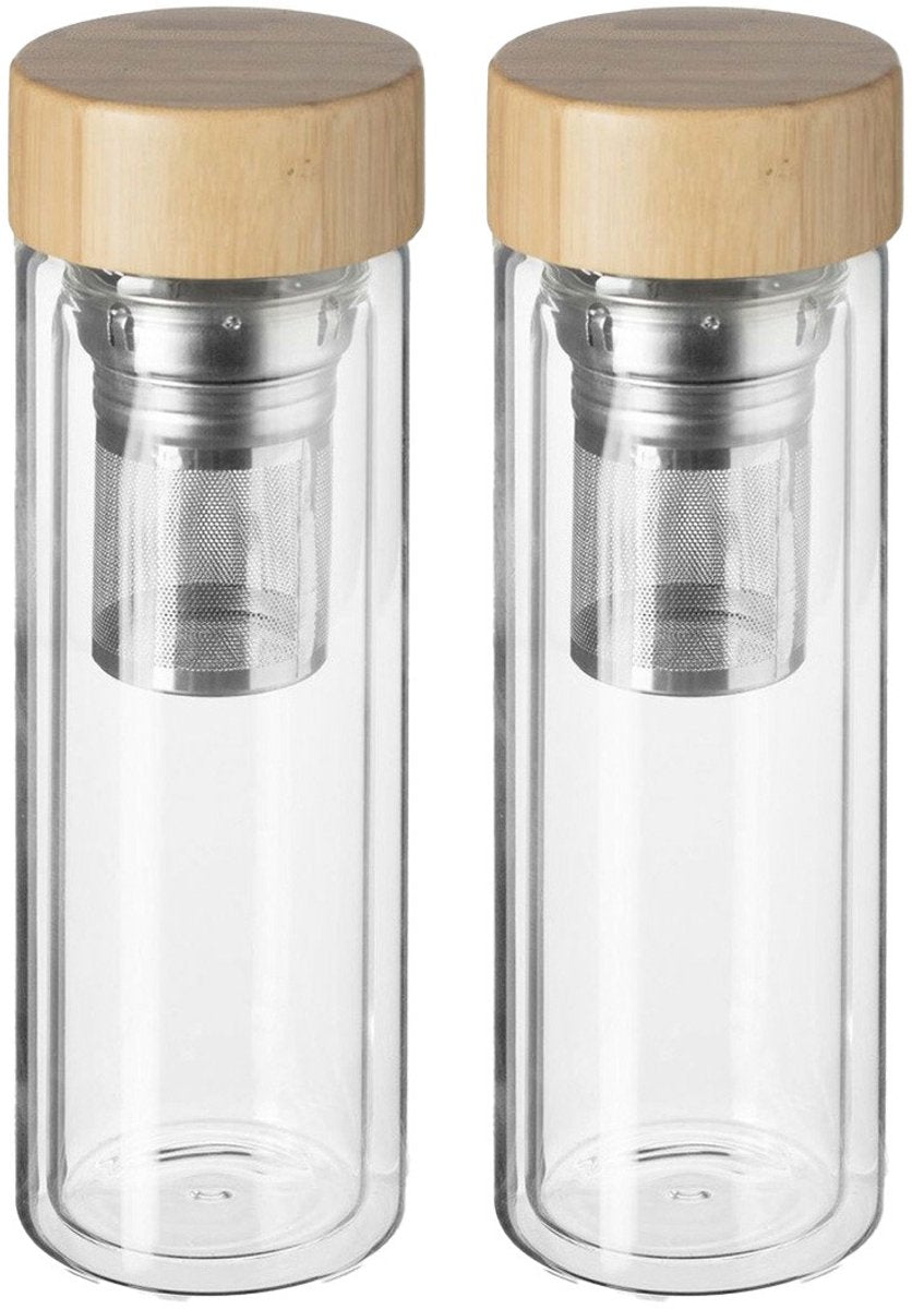 Secret de Gourmet theefles dubbelwandig glas met bamboe deksel – 2 x 40 cl