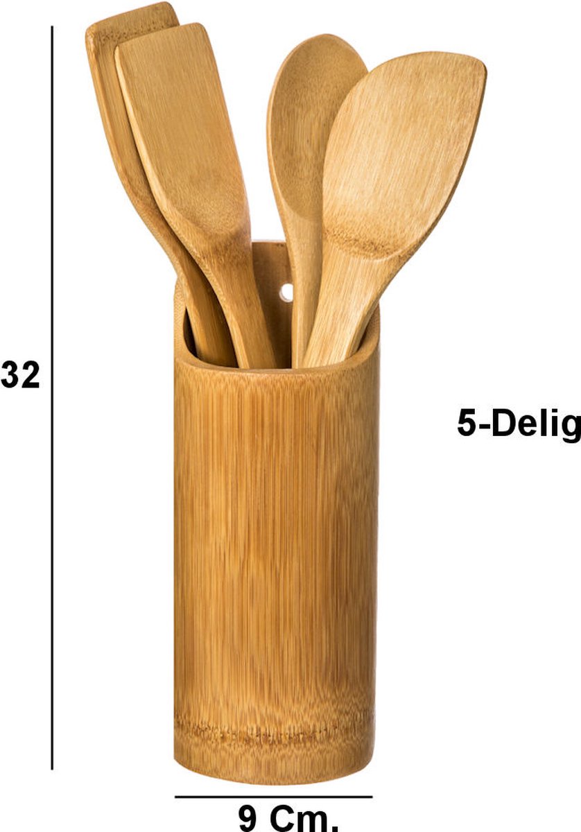 Küchenhelfer-Set - 5-teiliges Küchenutensilien-Set - Runder Organizer - Pfannenwender-Set + Halter - Bambusholz