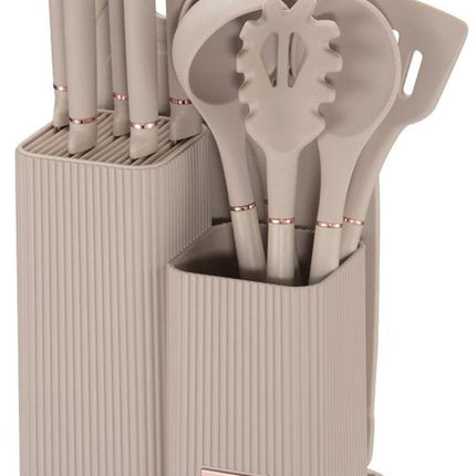 Klausberg Keukenset 15-delig - Mesblok met 5 Messen, 5 Siliconen Keukengereedschappen en Snijplank - Beige