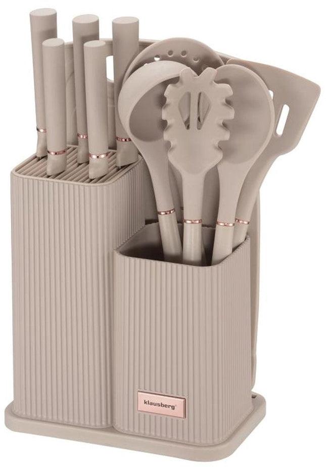 Klausberg Keukenset 15-delig - Mesblok met 5 Messen, 5 Siliconen Keukengereedschappen en Snijplank - Beige