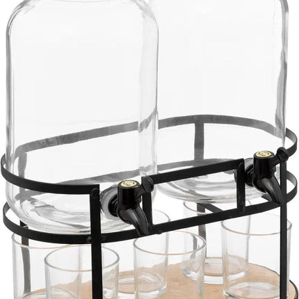 5Five Drank dispensers - set van 2x stuks - 3,3L - glas - op standaard met 6 glazen