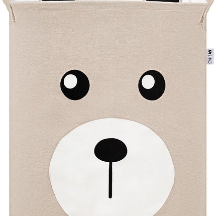 Beige Speelgoedopbergmand met Teddy Beer Gezicht - Katoenen Opbergbox - Kinderwasmand met Trekkoord - 43 Liter - 35x35x45 cm - Speelgoedmand - Sipo