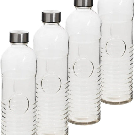 5Five Waterfles - 4x -1 liter - gehard ribbel glas - D8 x H29 cm - drinkfles - Glazen drink flessen