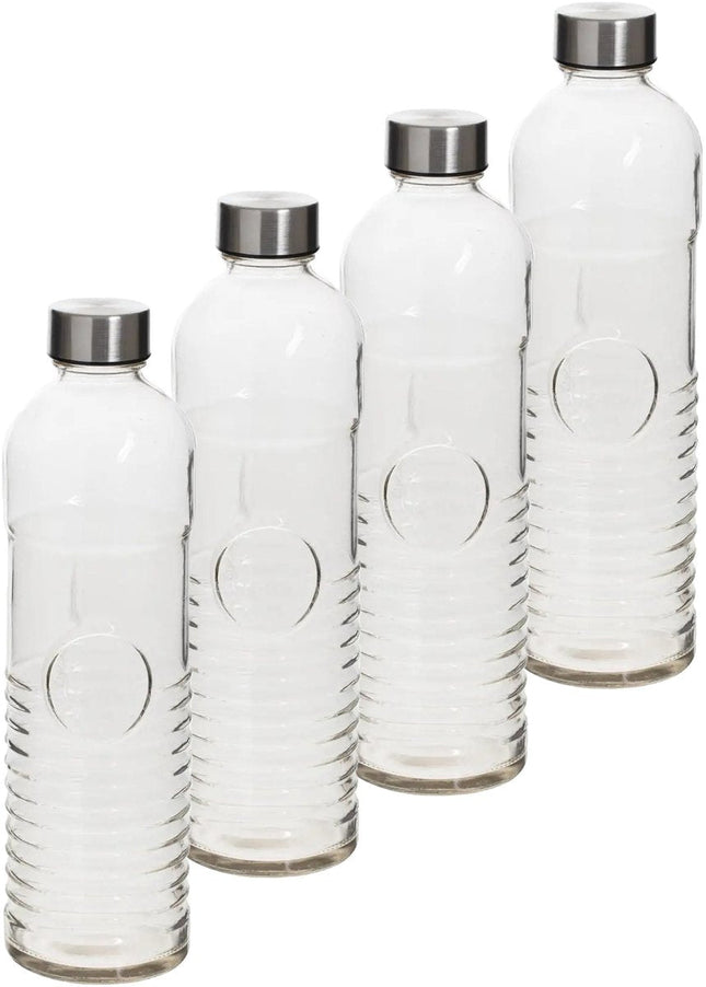 5Five Waterfles - 4x -1 liter - gehard ribbel glas - D8 x H29 cm - drinkfles - Glazen drink flessen