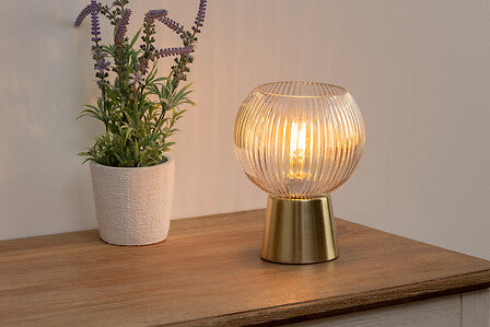 Moderne Tischleuchte - Glas & Gold-Metall - 19,5 cm hohe Stimmungsbeleuchtung (Ø 15 cm, Kabel 150 cm) - Luxus-Design für Wohn- oder Schlafzimmer