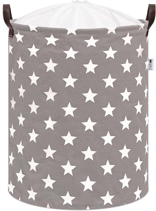 Grijze Speelgoedopbergmand met Sterren - Katoenen Wasmand voor Kinderen - Opbergbox met Trekkoord - 43 Liter - 35x35x45 cm - Kledingmand - Sipo