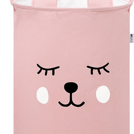 Roze Speelgoedopbergmand met Teddy Beer Gezicht - Katoenen Opbergbox met Trekkoord - Kinderwasmand - 43 Liter - 35x35x45 cm - Sipo - Speelgoedmand