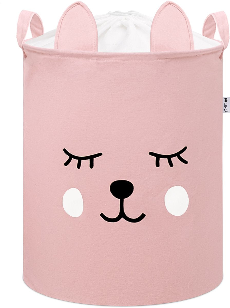 Sipo speelgoedmand teddybeer, roze – kinderwasmand met trekkoord, 43 liter