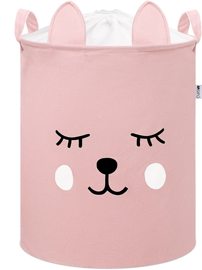 Roze Speelgoedopbergmand met Teddy Beer Gezicht - Katoenen Opbergbox met Trekkoord - Kinderwasmand - 43 Liter - 35x35x45 cm - Sipo - Speelgoedmand