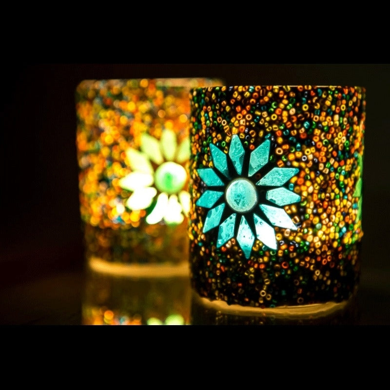 Mediterranean cylinder tealight holder set of 2 - mosaic & beads - multi-colour