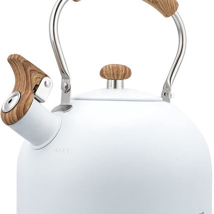 Kinghoff 1860 - Fluitketel met fluit - 2.5 liter - RVS - Wit met houten handgreep