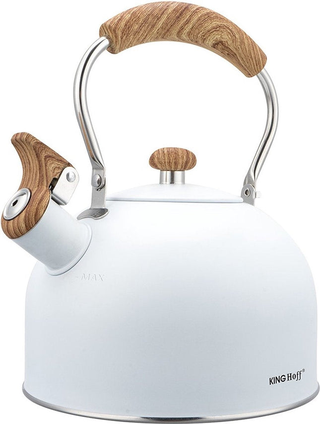 Kinghoff 1860 - Fluitketel met fluit - 2.5 liter - RVS - Wit met houten handgreep