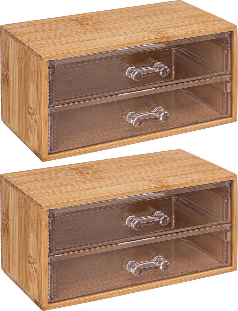 5Five jewelry / makeup organizer - 2x pieces - 2 drawers - 19 x 12 cm - rectangle - bamboo / plastic