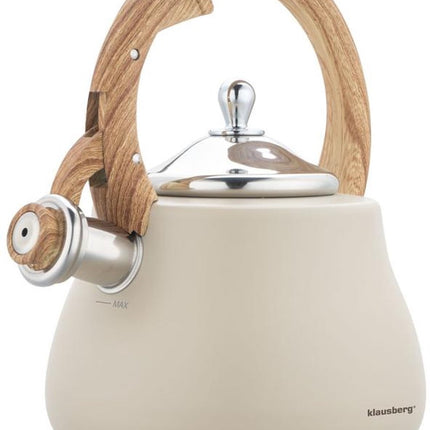 Klausberg Waterkoker 2.8L RVS - Fluitekettle voor Alle Hittebronnen (Inductie, Gas) - Beige met Hout Look Handvat