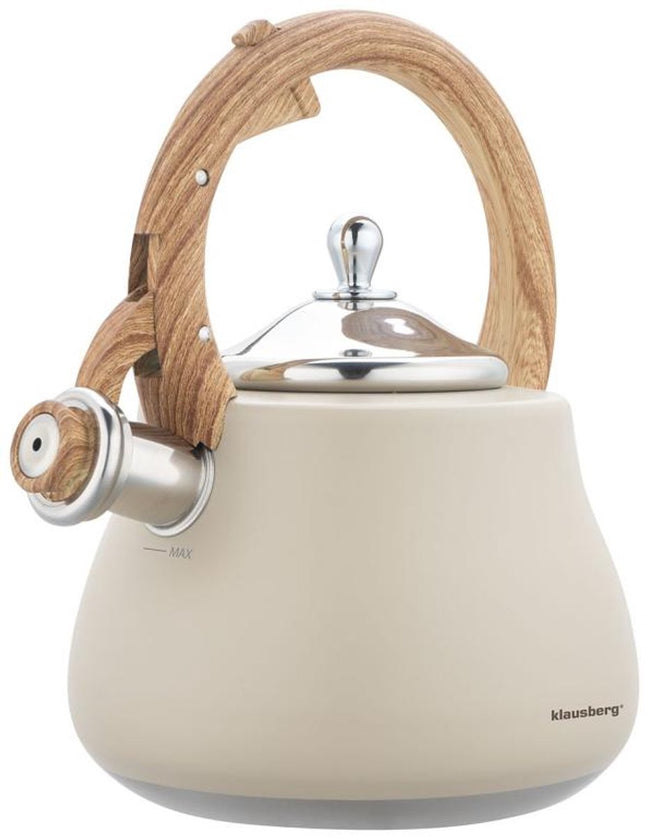 Klausberg Waterkoker 2.8L RVS - Fluitekettle voor Alle Hittebronnen (Inductie, Gas) - Beige met Hout Look Handvat