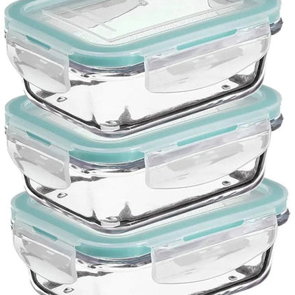 5Five Vershoudbakje met deksel - 3x - glas - luchtdicht - met clips - 14 x 10 x 5 cm - 330 ml