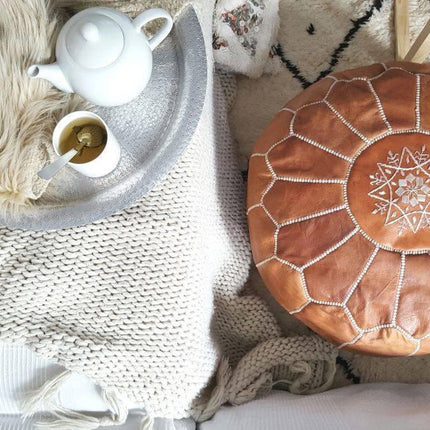 Marokkaanse lederen poef cognac bruin - handmade
