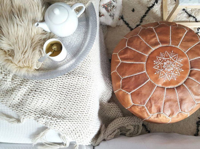 Marokkaanse lederen poef cognac bruin - handmade