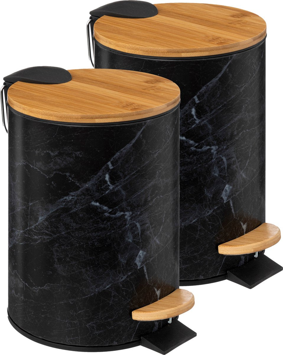 5Five Waste bin / pedal bin Marble look - 2x - black - 3 litres - metal / bamboo - 17 x 25 cm - soft close