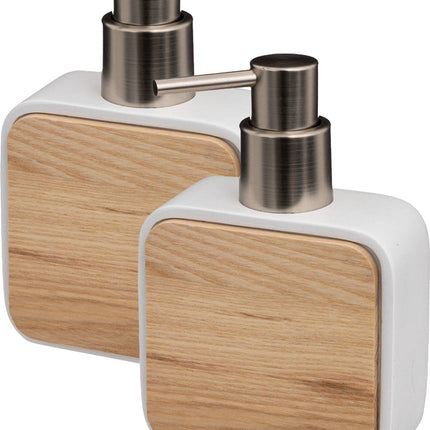 5Five zeeppompje/zeepdispenser - 2x stuks - wit - 10 x 15 cm - 200 ml - bamboe/kunststeen - badkamer