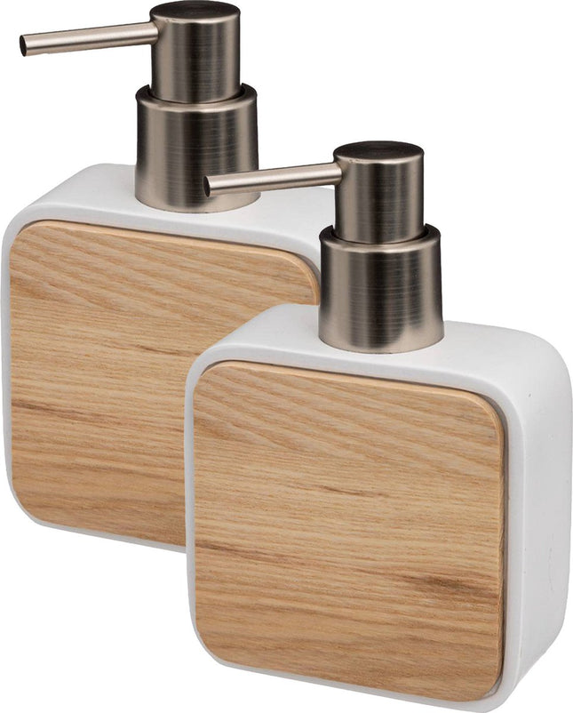 5Five zeeppompje/zeepdispenser - 2x stuks - wit - 10 x 15 cm - 200 ml - bamboe/kunststeen - badkamer