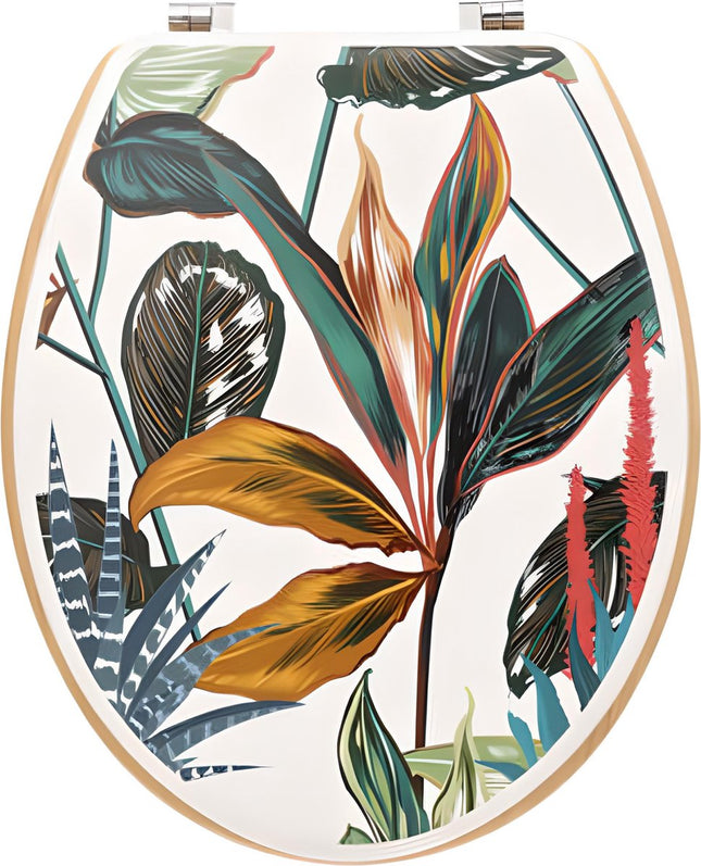 5five Toiletbril, Palawan hout + zinken klep, Tropical leaves universiel