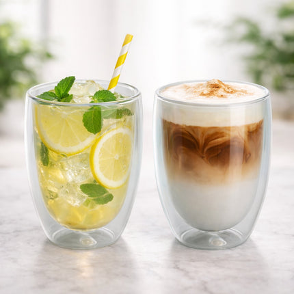 Dubbelwandige Glazen Mokken Set van 2 - 350 ml - Isolerende Theemok of Koffiemok Zonder Oor - Dubbelwandig Glas - Grijs
