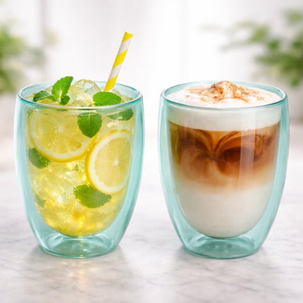 Dubbelwandige Glazen Mokken Set van 2 - 350 ml - Isolerende Theemok of Koffiemok Zonder Oor - Dubbelwandig Glas - Turquoise Groen
