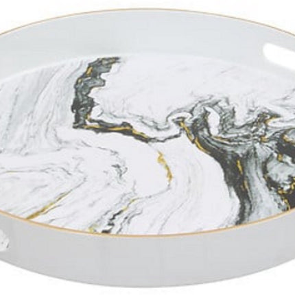 Rond Dienblad Wit Marmer Look - 33 cm - Met Handvatten - Glanzend Plastic - Marmerenlook - Stenen Look - Witte Kleur - inclusief handvat