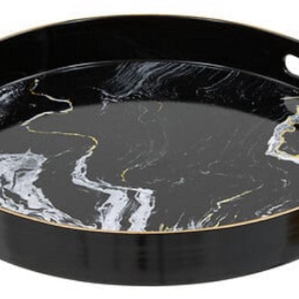 Rond Dienblad Zwart Marmer Look - 33 cm - Met Handvatten - Glanzend Plastic - Marmerenlook - Stenen Look - Zwarte Kleur - inclusief handvat