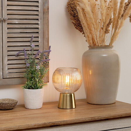 Moderne Tischleuchte - Glas & Gold-Metall - 19,5 cm hohe Stimmungsbeleuchtung (Ø 15 cm, Kabel 150 cm) - Luxus-Design für Wohn- oder Schlafzimmer
