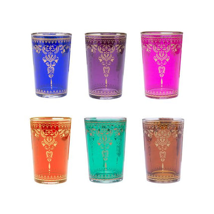 Kleurrijke Marokkaanse theeglazen versierd met traditionele gouden patronen (pak van 6 glazen)