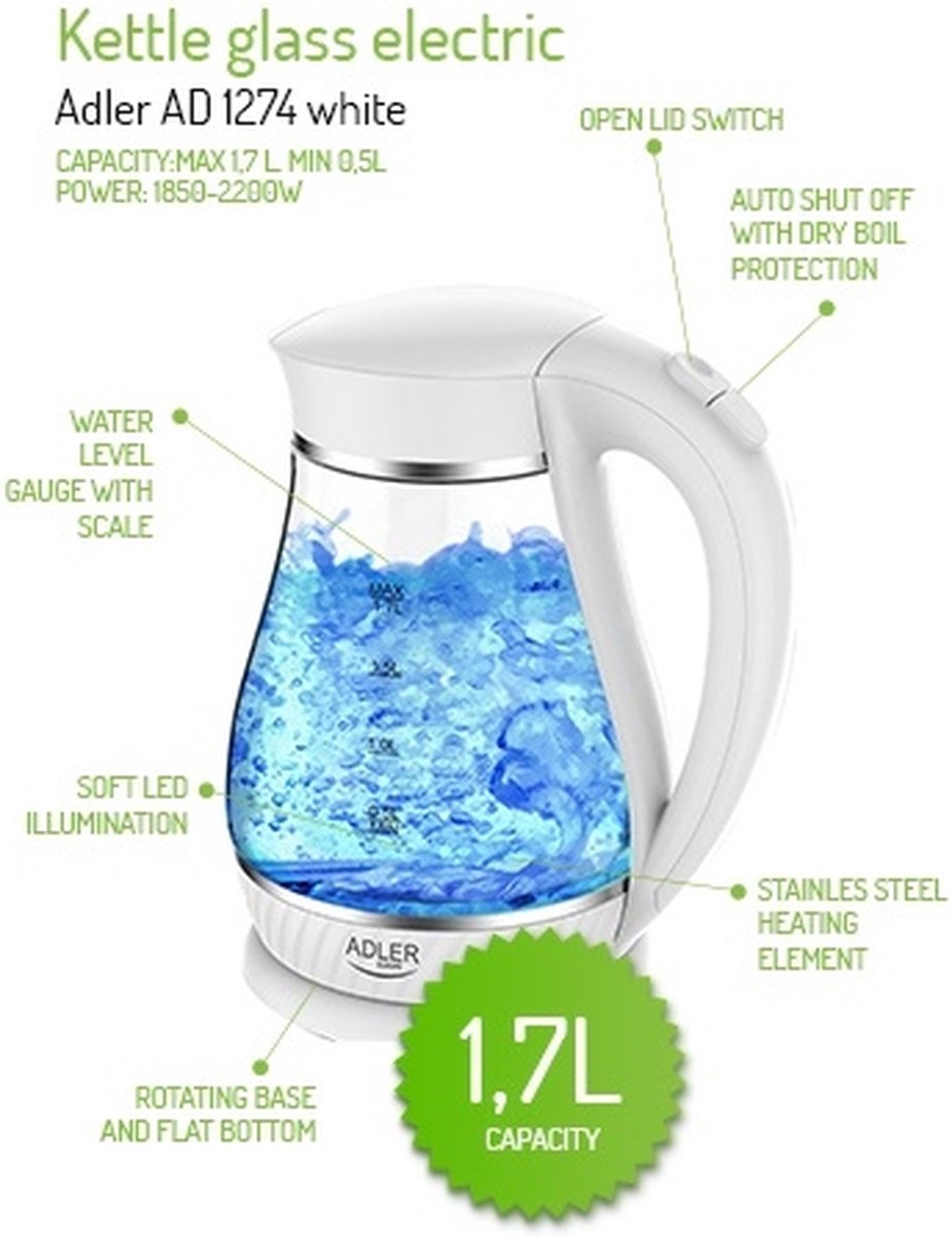 Adler AD1274 - Electric kettle - white - 1.7 liters
