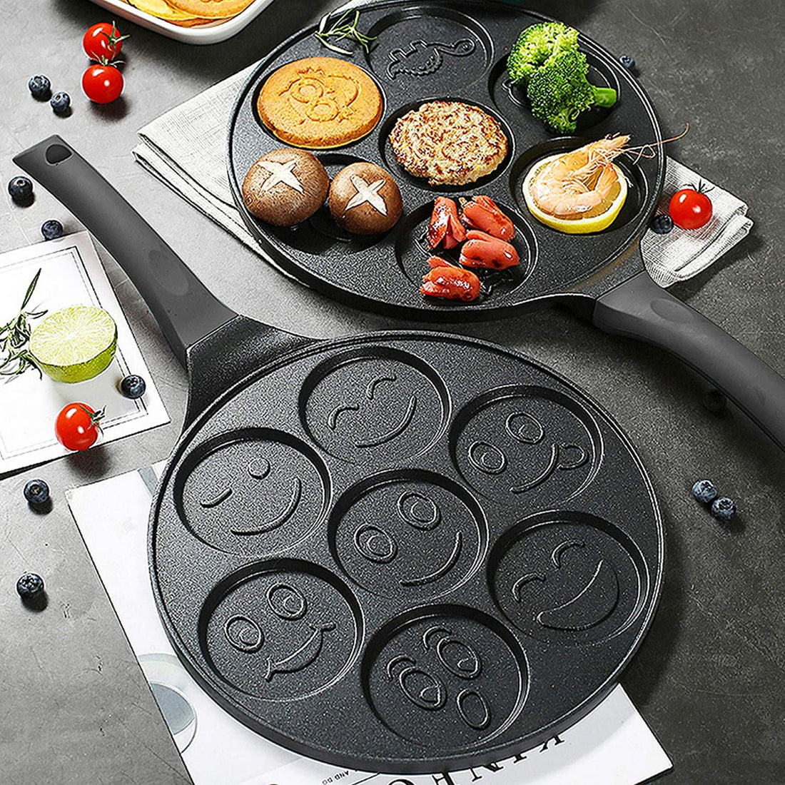 Pancake pan met 7 emoji-vormen – American pancakes en eieren, ook inductie – foto 4