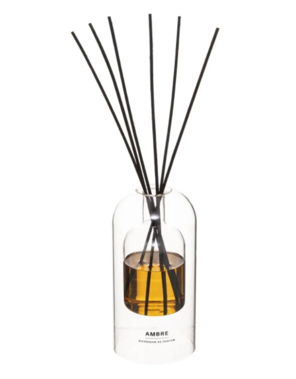 Amber geurverspreider met geurstokjes van rotan – vanilla amber, glazen fles