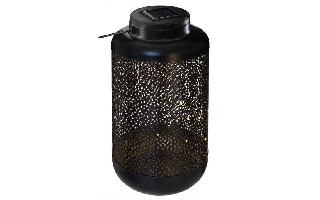 Lanterne solaire en métal, hauteur 25,5 cm, 12 cm de largeur, 12 cm de longueur, noir