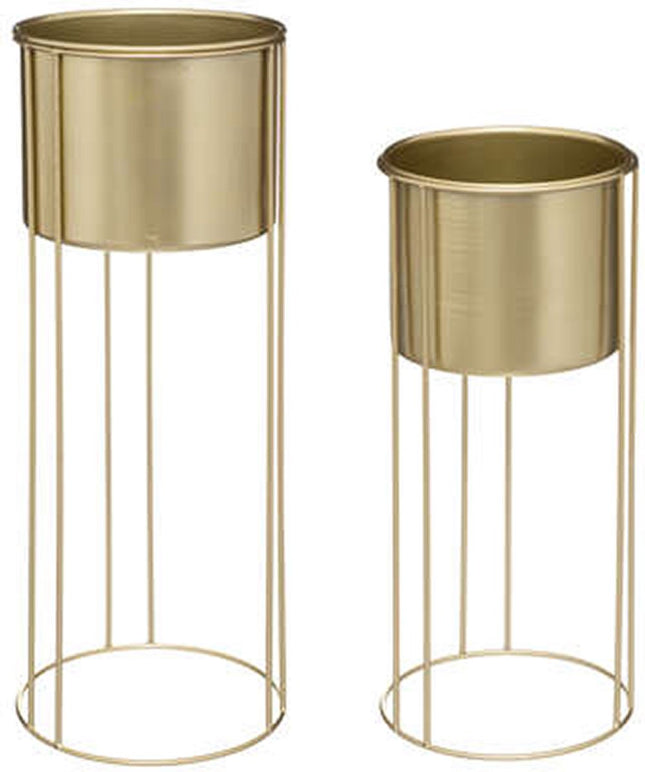 Plantenpotten 2x op metalen standaard goud - D18 x H41/D21 en H58 cm